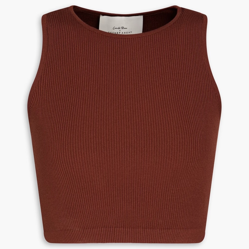 Zeynep Arcay x Camille Rowe Brown Ribbed Knit Crop Top